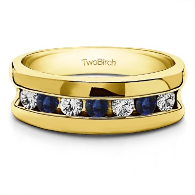 0.49 Ct. Sapphire and Diamond 7 Stone Channel Set Men's Wedding Band in Yellow Gold