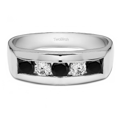 1 Ct. Black and White Five Stone Channel Set Men's Wedding Ring