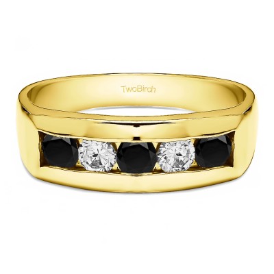 0.75 Ct. Black and White Five Stone Channel Set Men's Wedding Ring in Yellow Gold