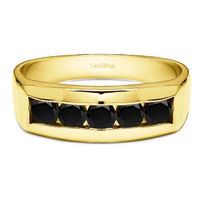 0.75 Ct. Black 5 Stone Channel Set Men's Wedding Ring in Yellow Gold