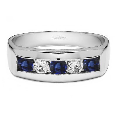 1 Ct. Sapphire and Diamond 5 Stone Channel Set Men's Wedding Ring
