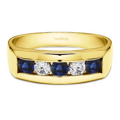 1 Ct. Sapphire and Diamond 5 Stone Channel Set Men's Wedding Ring in Yellow Gold