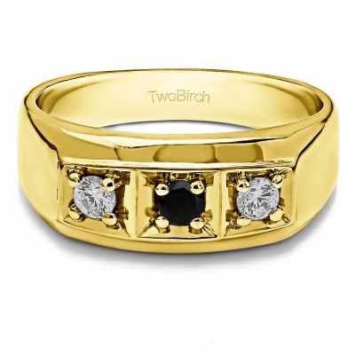 0.33 Ct. Black and White Three Stone Prong In Channel Set Men's Wedding Ring in Yellow Gold