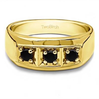 0.48 Ct. Black Three Stone Prong In Channel Set Men's Wedding Ring in Yellow Gold