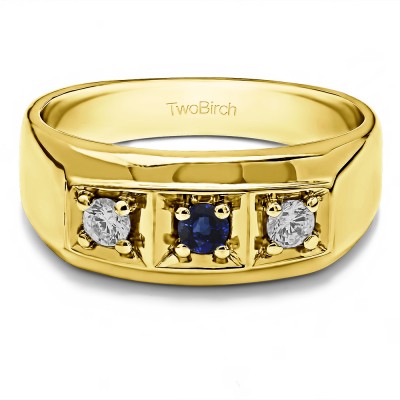 0.33 Ct. Sapphire and Diamond Three Stone Prong In Channel Set Men's Wedding Ring in Yellow Gold