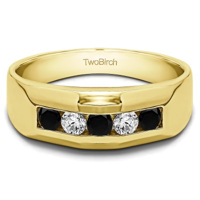 0.76 Ct. Black and White Five Stone Channel Set Men's Wedding Band in Yellow Gold