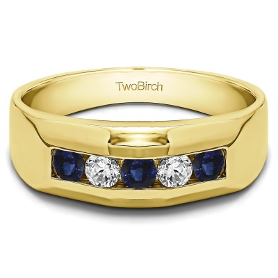 0.76 Ct. Sapphire and Diamond Five Stone Channel Set Men's Wedding Band in Yellow Gold
