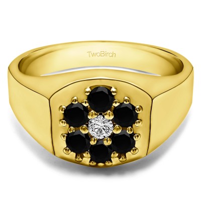 0.74 Ct. Black and White Stone Cluster Men's Fashion Ring in Yellow Gold