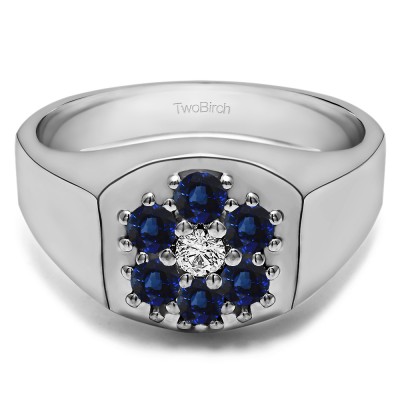 0.74 Ct. Sapphire and Diamond Cluster Men's Fashion Ring