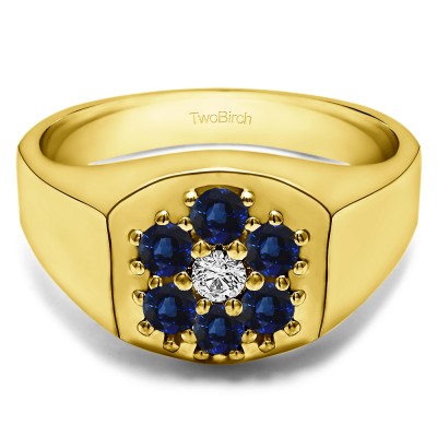 0.74 Ct. Sapphire and Diamond Cluster Men's Fashion Ring in Yellow Gold
