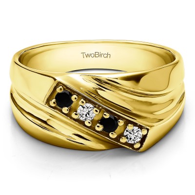 0.24 Ct. Black and White Four Stone Prong Set Diagonal Men's Wedding Ring in Yellow Gold