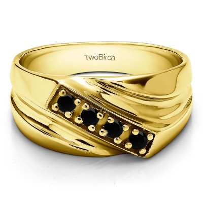 0.24 Ct. Black Four Stone Prong Set Diagonal Men's Wedding Ring in Yellow Gold