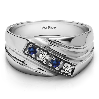 0.24 Ct. Sapphire and Diamond Four Stone Prong Set Diagonal Men's Wedding Ring
