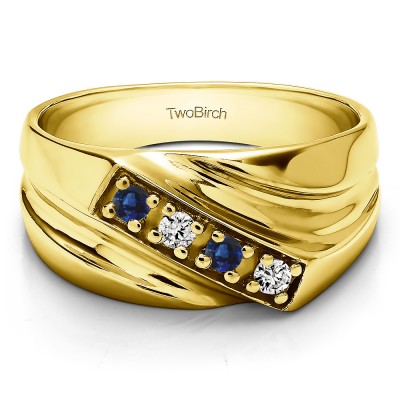 0.24 Ct. Sapphire and Diamond Four Stone Prong Set Diagonal Men's Wedding Ring in Yellow Gold