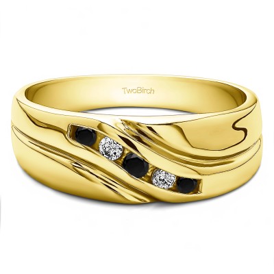 0.48 Ct. Black and White Five Stone Twisted Shank Men's Wedding Ring in Yellow Gold