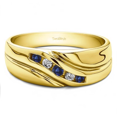0.48 Ct. Sapphire and Diamond Five Stone Twisted Shank Men's Wedding Ring in Yellow Gold