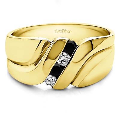 0.24 Ct. Black and White Four Stone Twisted Shank Men's Wedding Band in Yellow Gold