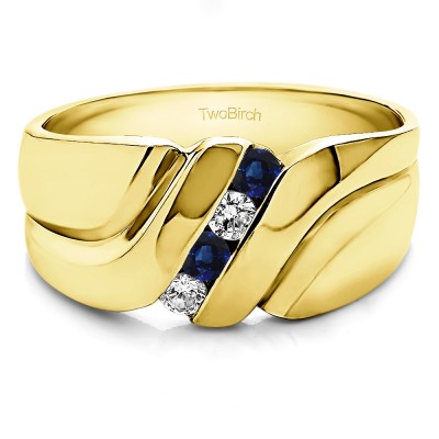 0.24 Ct. Sapphire and Diamond Four Stone Twisted Shank Men's Wedding Band in Yellow Gold