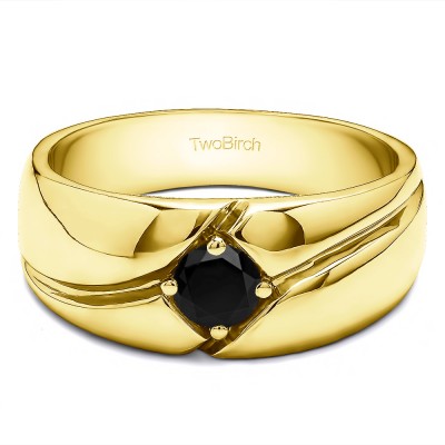 0.09 Ct. Black Stone Prong in Bezel Solitaire Men's Wedding Band in Yellow Gold