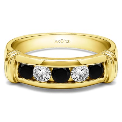 0.49 Ct. Black and White Five Stone Channel Set Men's Band With Raised Edges in Yellow Gold