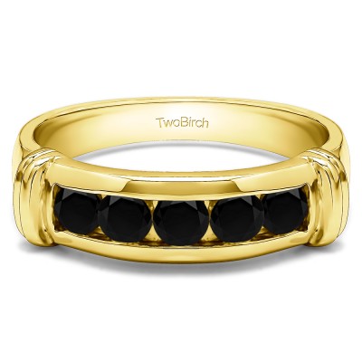 0.49 Ct. Black Five Stone Channel Set Men's Band With Raised Edges in Yellow Gold