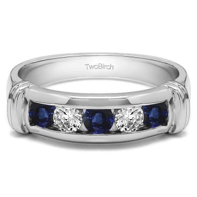 0.49 Ct. Sapphire and Diamond Five Stone Channel Set Men's Band With Raised Edges