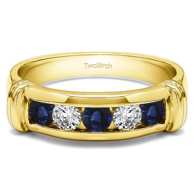 0.49 Ct. Sapphire and Diamond Five Stone Channel Set Men's Band With Raised Edges in Yellow Gold