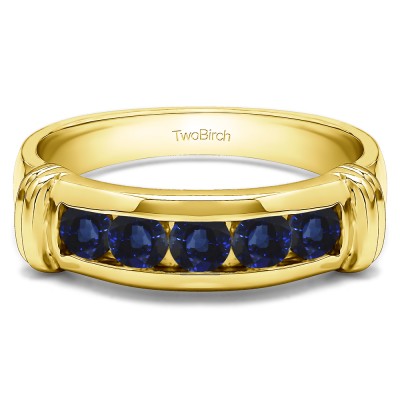 0.49 Ct. Sapphire Five Stone Channel Set Men's Band With Raised Edges in Yellow Gold