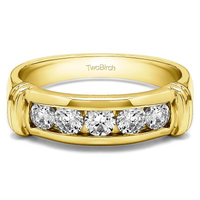 1 Ct. Five Stone Channel Set Men's Band With Raised Edges in Yellow Gold