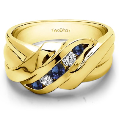 0.48 Ct. Sapphire and Diamond Five Stone Twisted Ribbed Shank Men's Ring in Yellow Gold