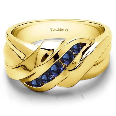 0.48 Ct. Sapphire Five Stone Twisted Ribbed Shank Men's Ring in Yellow Gold