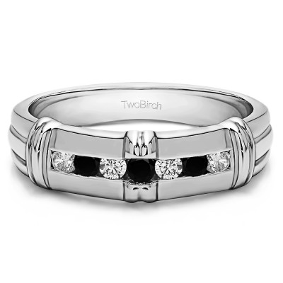 0.31 Ct. Black and White Seven Stone Channel Set Men's Wedding Ring with Raised Design