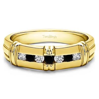 0.31 Ct. Black and White Seven Stone Channel Set Men's Wedding Ring with Raised Design in Yellow Gold