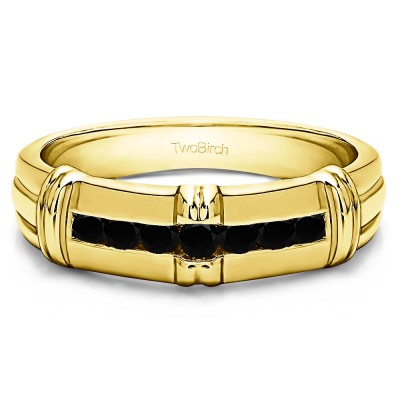0.31 Ct. Black Seven Stone Channel Set Men's Wedding Ring with Raised Design in Yellow Gold