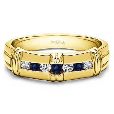 0.31 Ct. Sapphire and Diamond Seven Stone Channel Set Men's Wedding Ring with Raised Design in Yellow Gold