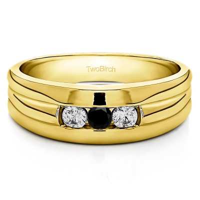 0.3 Ct. Black and White Three Stone Channel Set Men's Ring with Ribbed Shank in Yellow Gold