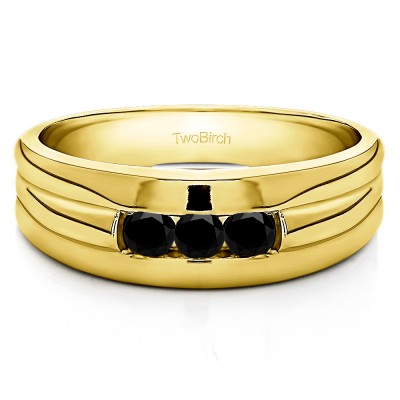 0.51 Ct. Black Three Stone Channel Set Men's Ring with Ribbed Shank in Yellow Gold