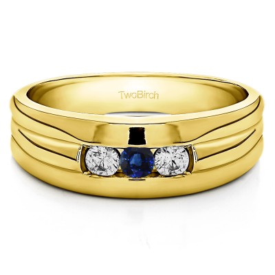 0.3 Ct. Sapphire and Diamond Three Stone Channel Set Men's Ring with Ribbed Shank in Yellow Gold