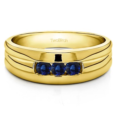 0.3 Ct. Sapphire Three Stone Channel Set Men's Ring with Ribbed Shank in Yellow Gold