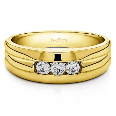 0.72 Ct. Three Stone Channel Set Men's Ring with Ribbed Shank in Yellow Gold