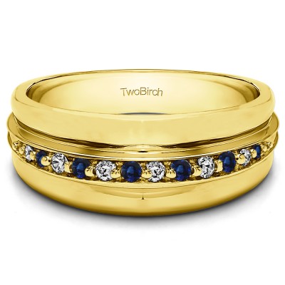 0.2 Ct. Sapphire and Diamond Thin Prong in Channel Set Men's Wedding Band in Yellow Gold
