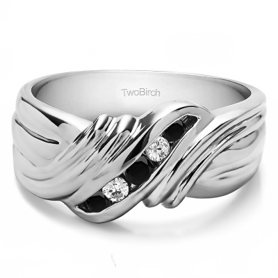 0.27 Ct. Black and White Five Stone Twisted Shank Men's Wedding Band