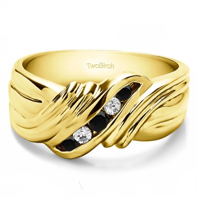 0.27 Ct. Black and White Five Stone Twisted Shank Men's Wedding Band in Yellow Gold
