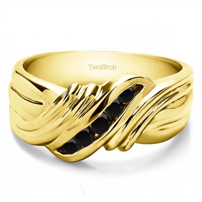 0.27 Ct. Black Five Stone Twisted Shank Men's Wedding Band in Yellow Gold