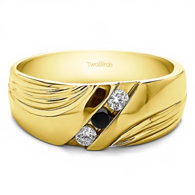 0.3 Ct. Black and White Three Stone Channel Set Ribbed Men's Wedding Band in Yellow Gold
