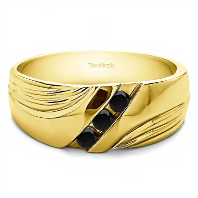 0.3 Ct. Black Three Stone Channel Set Ribbed Men's Wedding Band in Yellow Gold