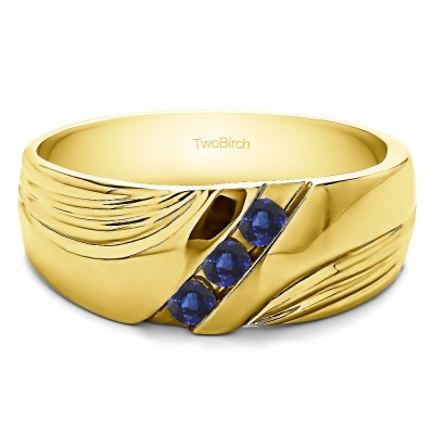 0.3 Ct. Sapphire Three Stone Channel Set Ribbed Men's Wedding Band in Yellow Gold