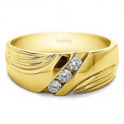 0.3 Ct. Three Stone Channel Set Ribbed Men's Wedding Band in Yellow Gold