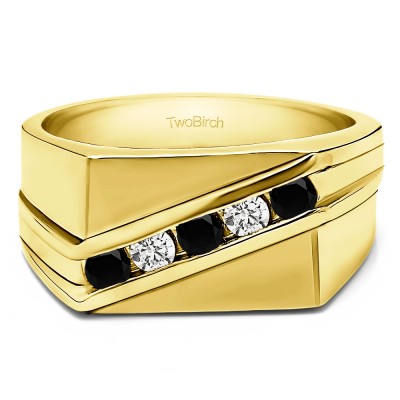 0.5 Ct. Black and White Five Stone Channel Set Men's Wedding Ring in Yellow Gold