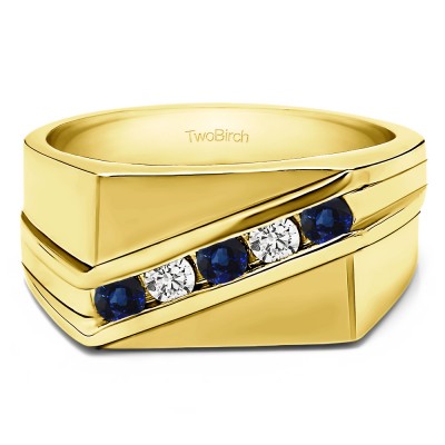 0.5 Ct. Sapphire and Diamond Five Stone Channel Set Men's Wedding Ring in Yellow Gold